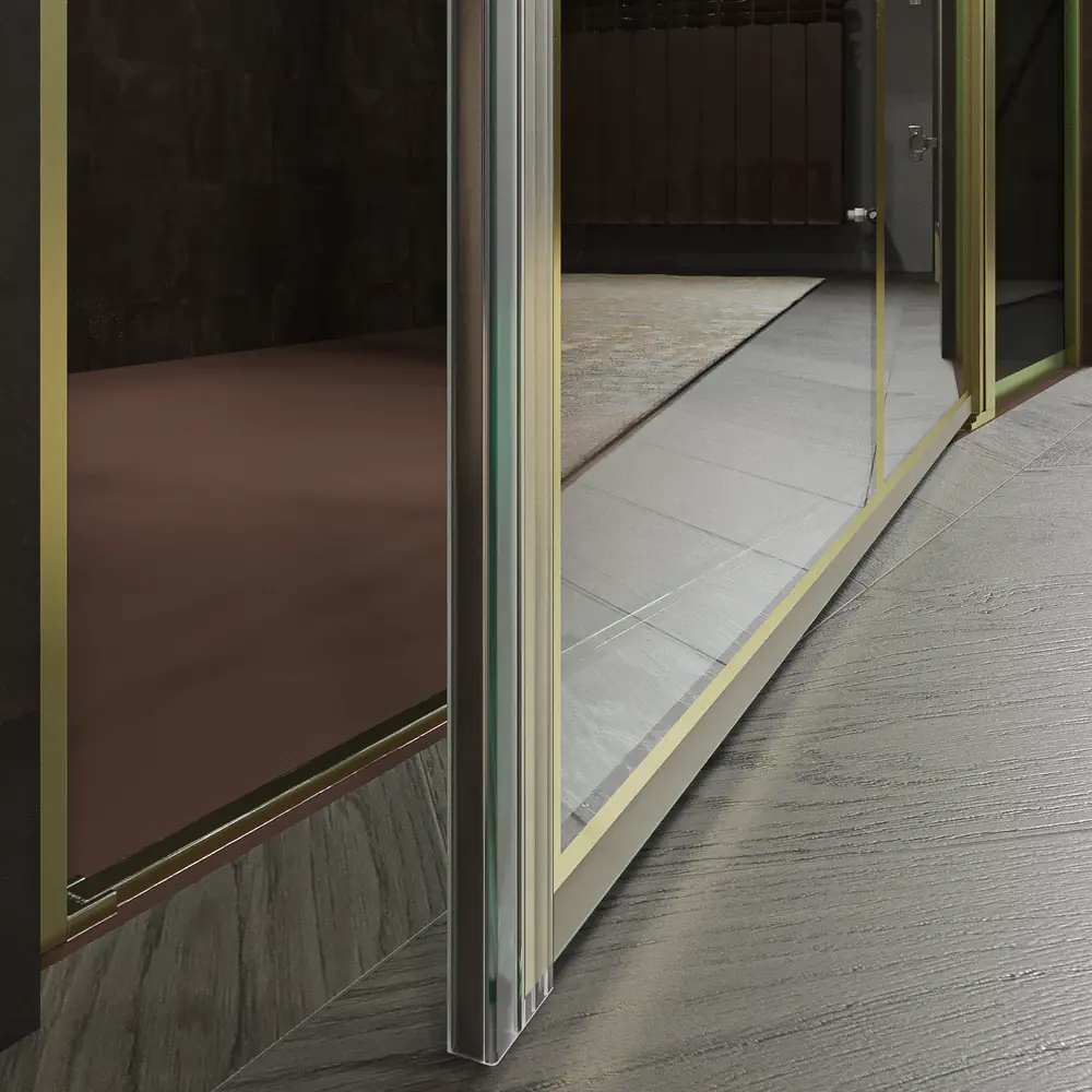 VAROBATH mampara 1 fijo 1 puerta abatible OPEN oro mate serigrafiada 7.webp