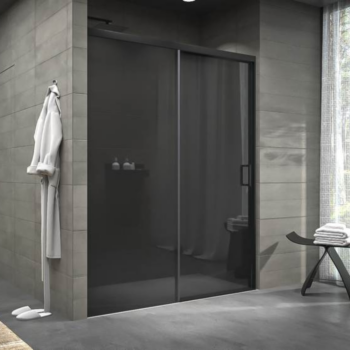 VAROBATH mampara de ducha frontal 1 fijo 1puerta corredera NOVUM gun metal parsol gris.png