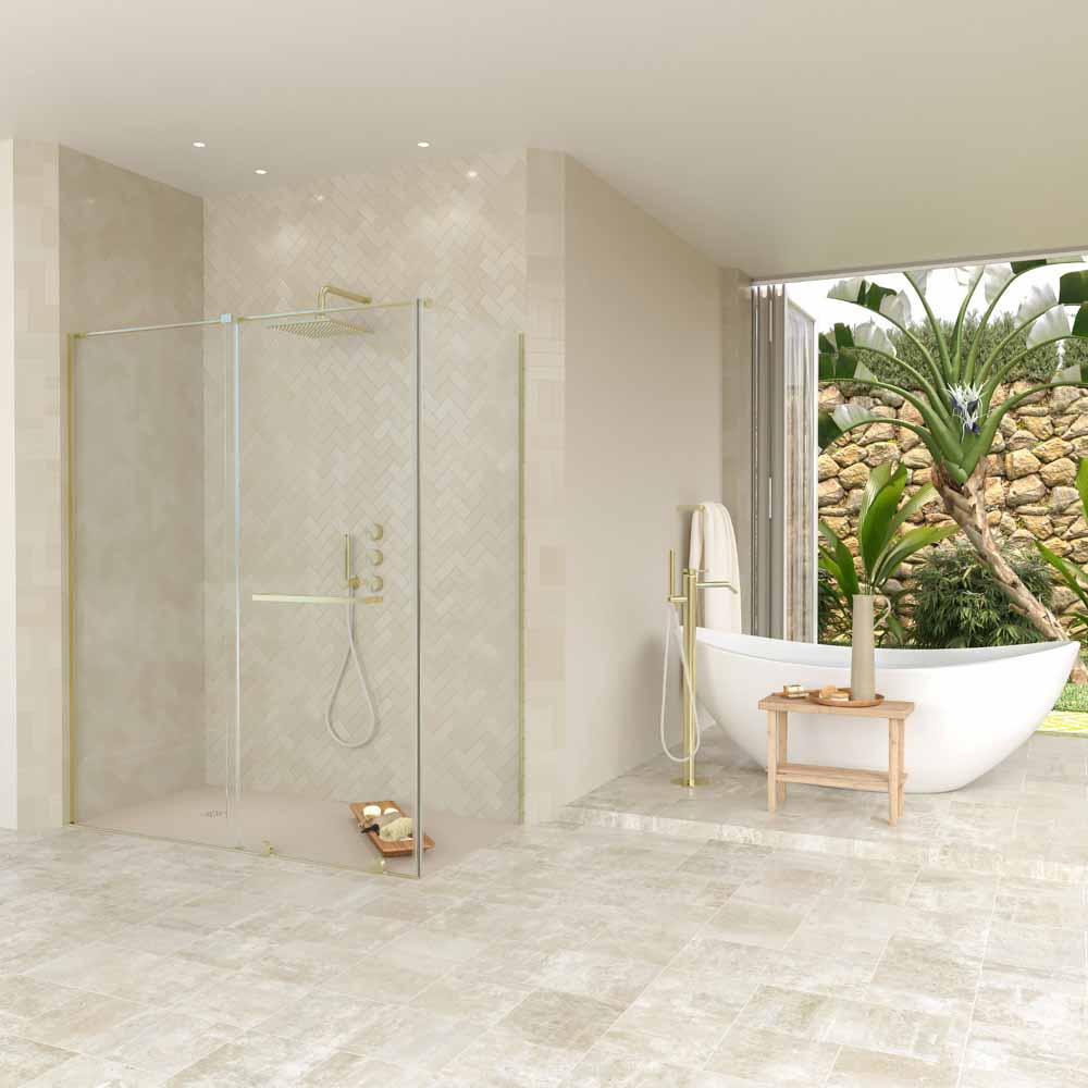 Mampara de ducha rectangular VERONA apertura frontal 1 fijo-1 puerta corredera con ruedas inferiores + 1 fijo acabado ORO MATE