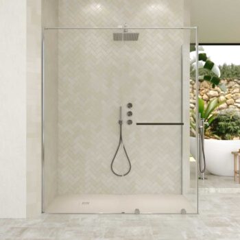 Mampara de ducha rectangular VERONA apertura frontal 1 fijo-1 puerta corredera con ruedas inferiores + 1 fijo acabado CROMO BRILLO