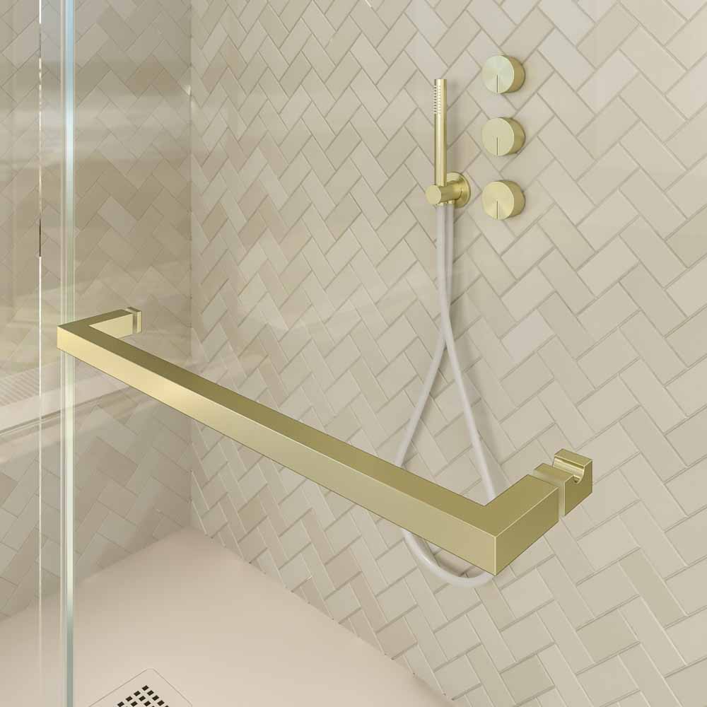 Mampara de ducha rectangular VERONA apertura frontal 1 fijo-1 puerta corredera con ruedas inferiores + 1 fijo acabado ORO MATE