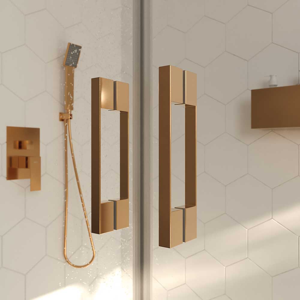 Mampara de ducha rectangular OPEN 1 fijo - 2 puertas abatible fabricada a medida. COBRE MATE