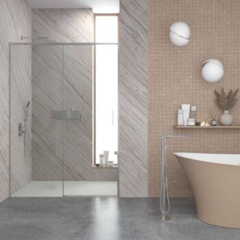 Mampara de ducha NEXO frontal 1 fijo - 1 puerta corredera perfil MINIMALISTA Cromo brillo