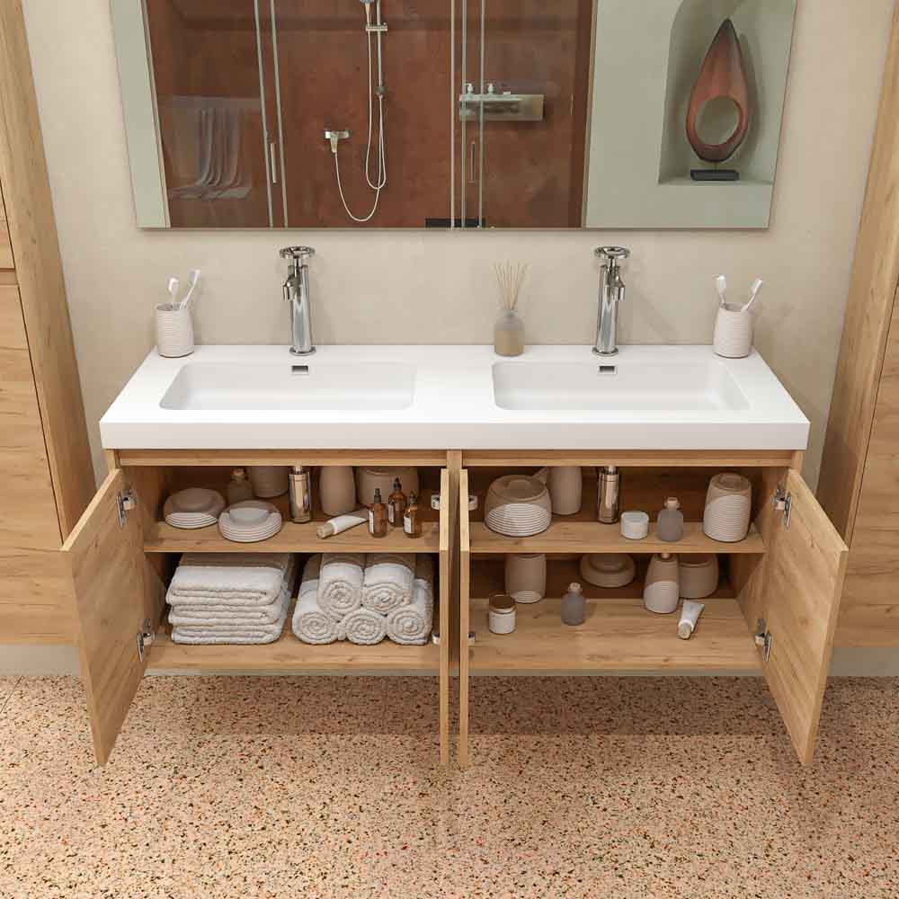 Mueble de baño CARMEN suspendido 2 lavabos - 4 puertas 120 cm acabado ROBLE CLARO