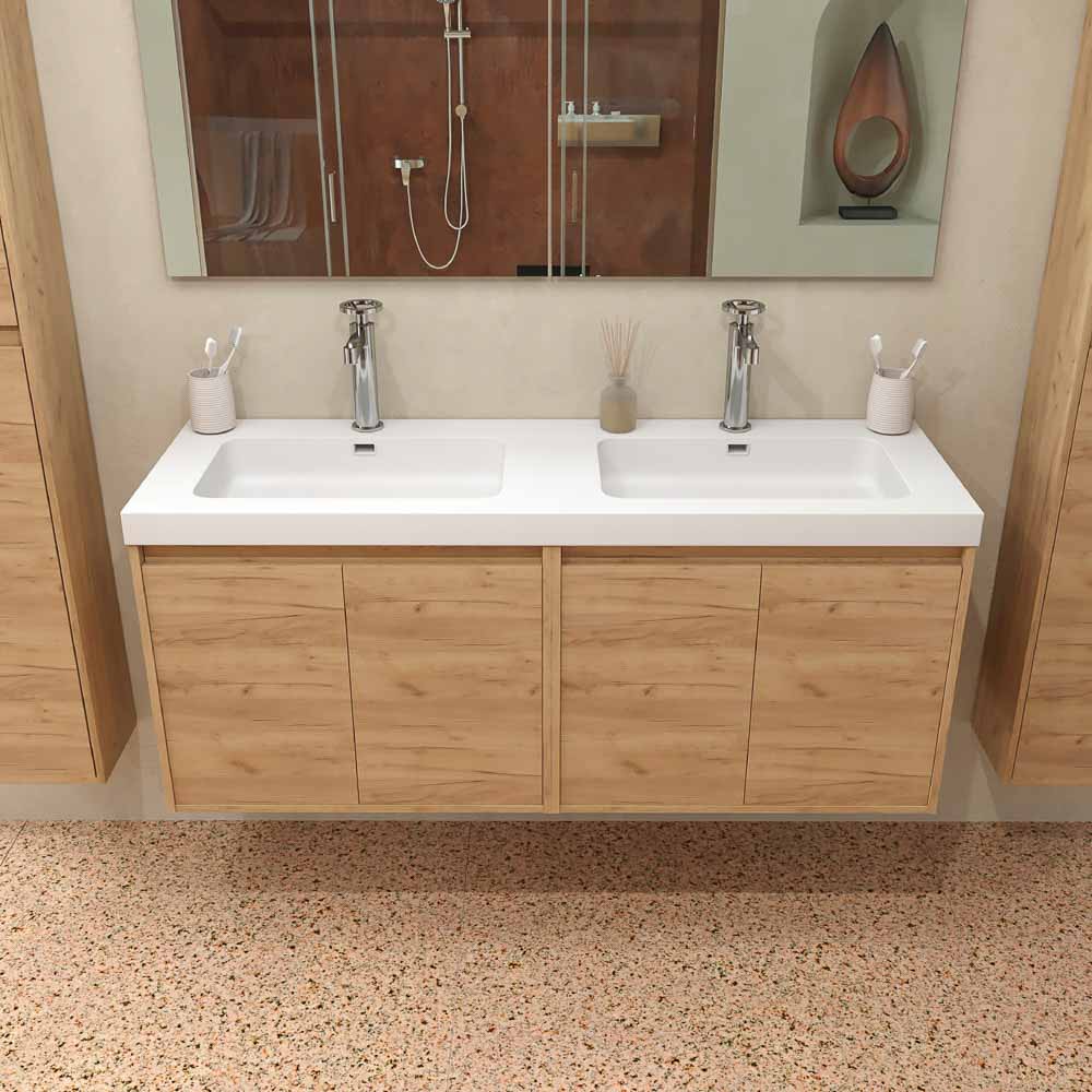 Mueble de baño CARMEN suspendido 2 lavabos - 4 puertas 120 cm acabado ROBLE CLARO