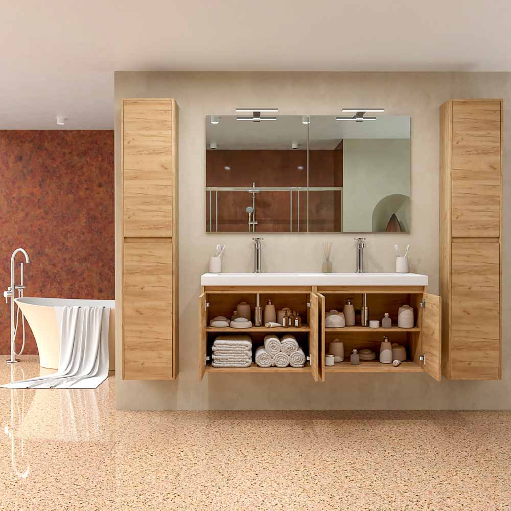Mueble de baño CARMEN suspendido 2 lavabos - 4 puertas 120 cm acabado ROBLE CLARO