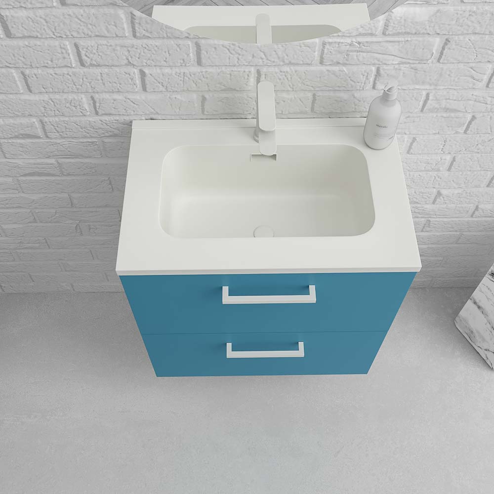 Mueble de baño suspendido NEXO 2 cajones fondo reducido 40 cm lacado mate con lavabo porcelana AZUL/BLANCO