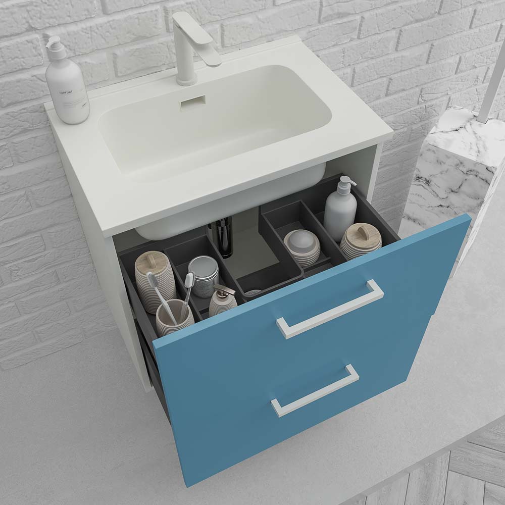Mueble de baño suspendido NEXO 2 cajones fondo reducido 40 cm lacado mate con lavabo porcelana AZUL/BLANCO