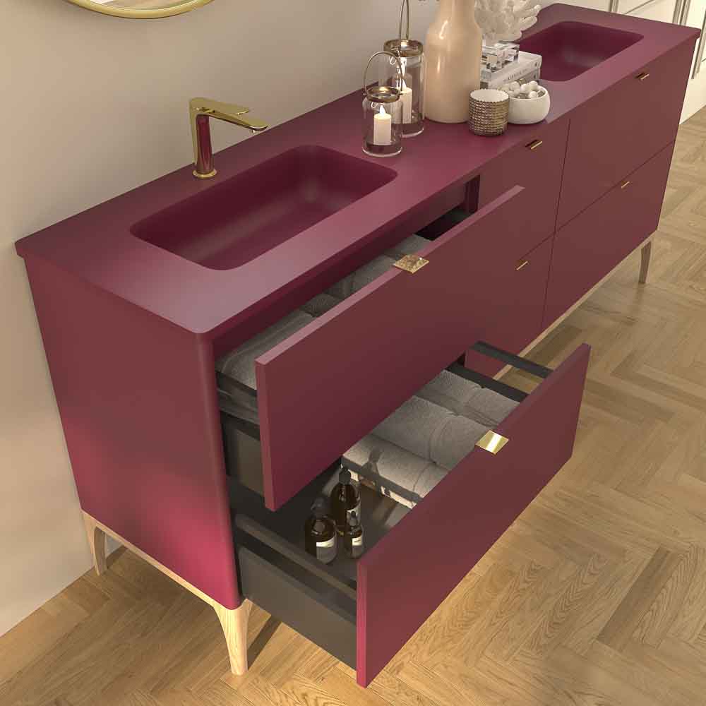 Mueble de baño VICENT con patas 6 cajones encimera Solid Surface 2 lavabos