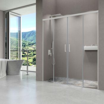 Mampara de ducha frontal BASIC 2 fijos -2 puertas correderas. Sin perfil inferior. Con tratamiento anti-cal . Acabado CROMO BRILLO