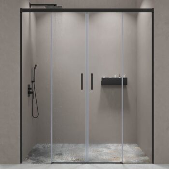 Mampara de ducha frontal BASIC 2 fijos -2 puertas correderas. Sin perfil inferior. Con tratamiento anti-cal . Acabado CROMO BRILLO