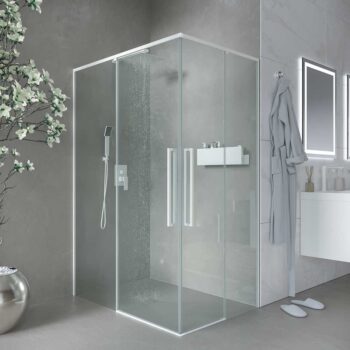 Mampara de ducha PETRA rectangular 2 fijos - 2 puertas correderas vidrio 6 mm. ACERO INOXIDABLE acabado BLANCO MATE