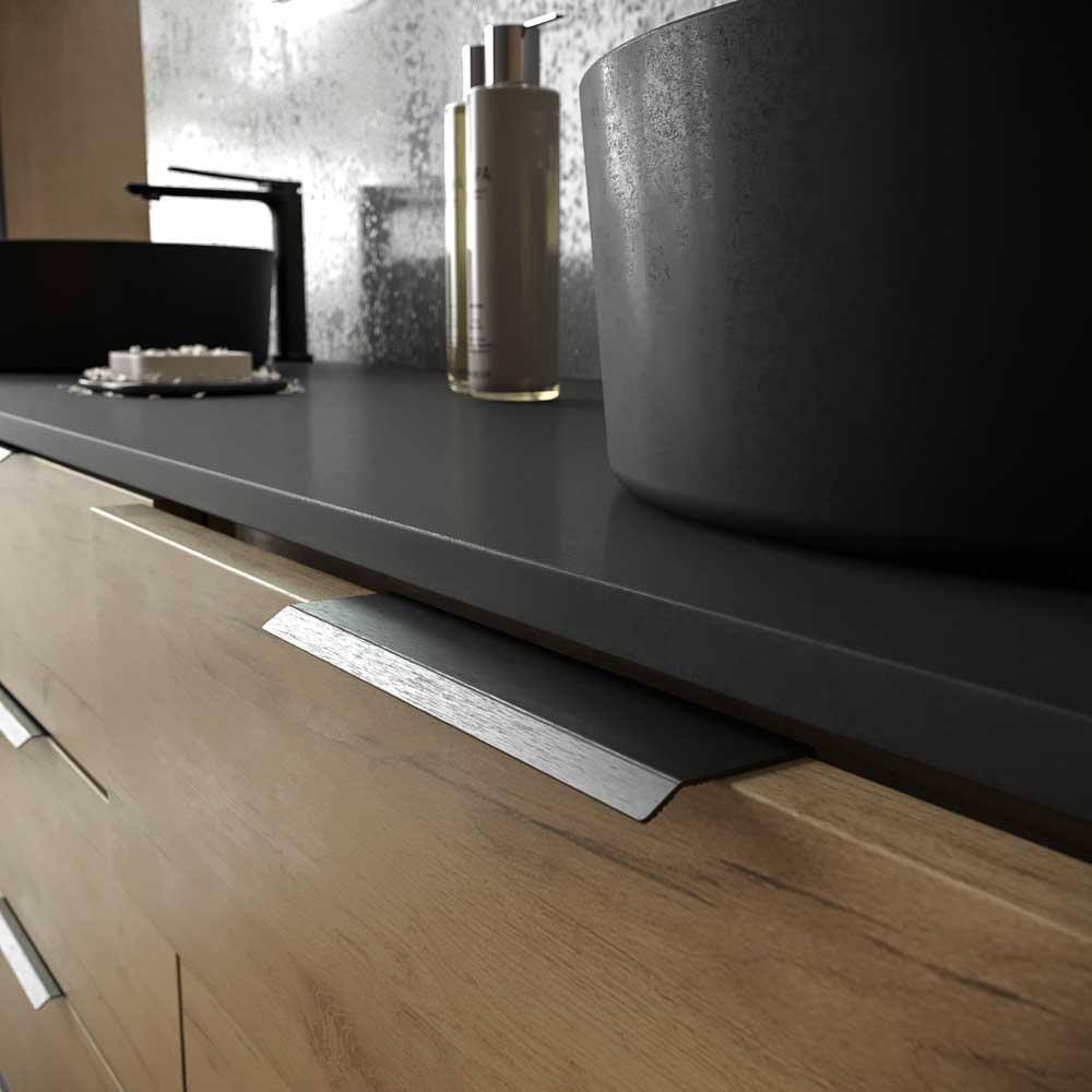 Mueble de baño ELLA con patas 3 puertas con tapa SOLID SURFACE 2 senos ROBLE CLARO