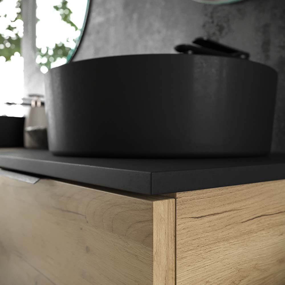 Mueble de baño ELLA con patas 3 puertas con tapa SOLID SURFACE 2 senos ROBLE CLARO