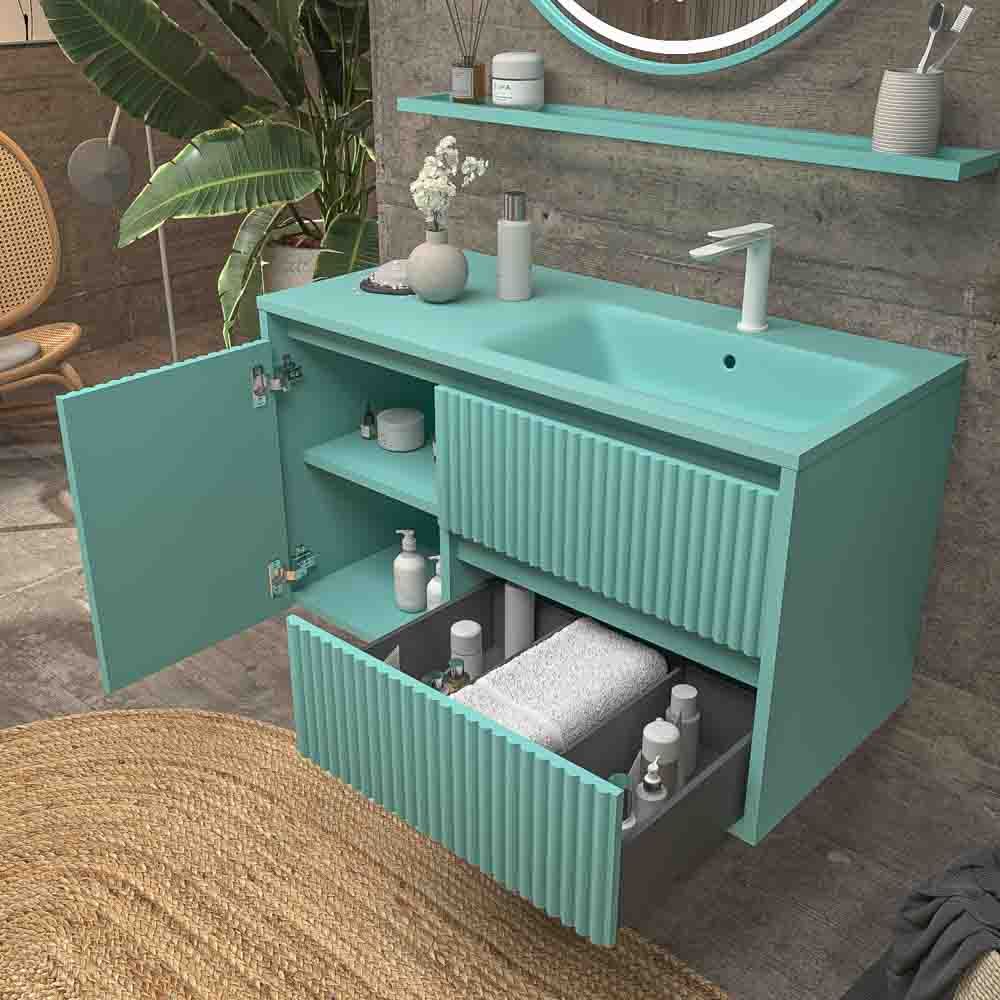 Varobath mueble MILIA suspendido 2 cajones 1 puerta verde luminoso4.jpg