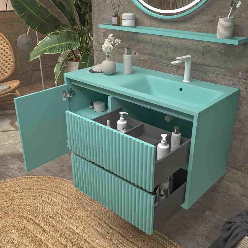 Varobath mueble MILIA suspendido 2 cajones 1 puerta verde luminoso5.jpg