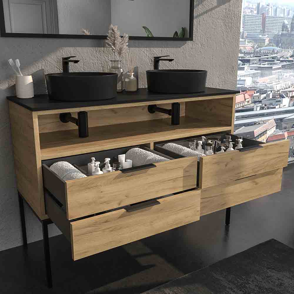 Mueble de baño ELLA con patas 4 cajones - 1 hueco con tapa SOLID SURFACE 2 lavabos ROBLE CLARO