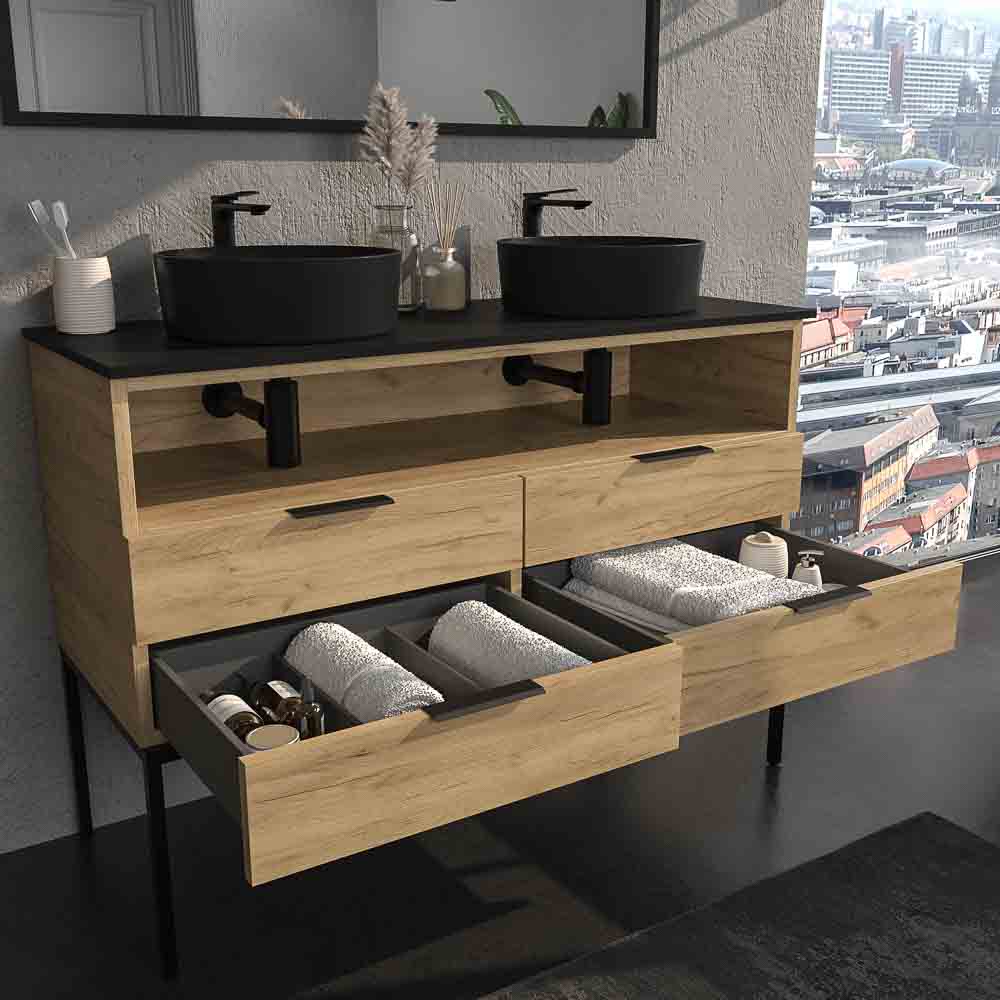 Mueble de baño ELLA con patas 4 cajones - 1 hueco con tapa SOLID SURFACE 2 lavabos ROBLE CLARO