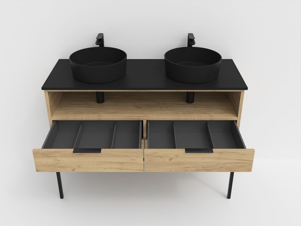 Mueble de baño ELLA con patas 4 cajones - 1 hueco con tapa SOLID SURFACE 2 lavabos ROBLE CLARO