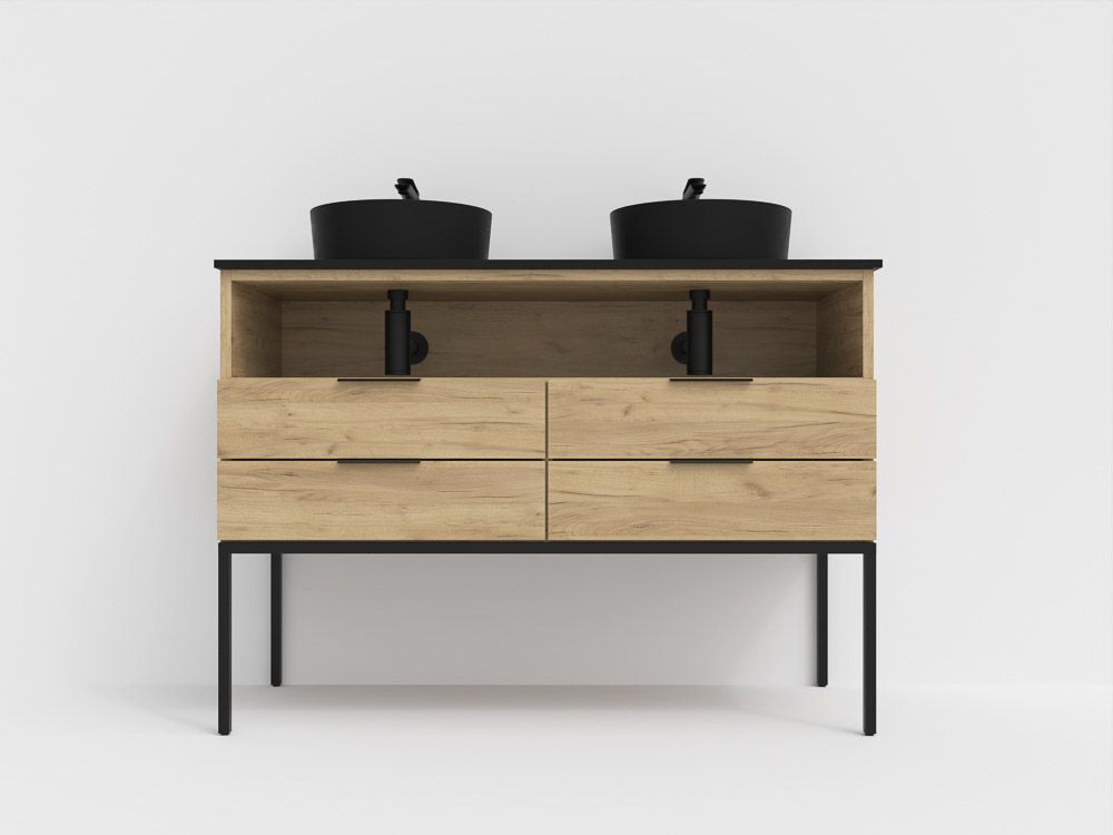 Mueble de baño ELLA con patas 4 cajones - 1 hueco con tapa SOLID SURFACE 2 lavabos ROBLE CLARO