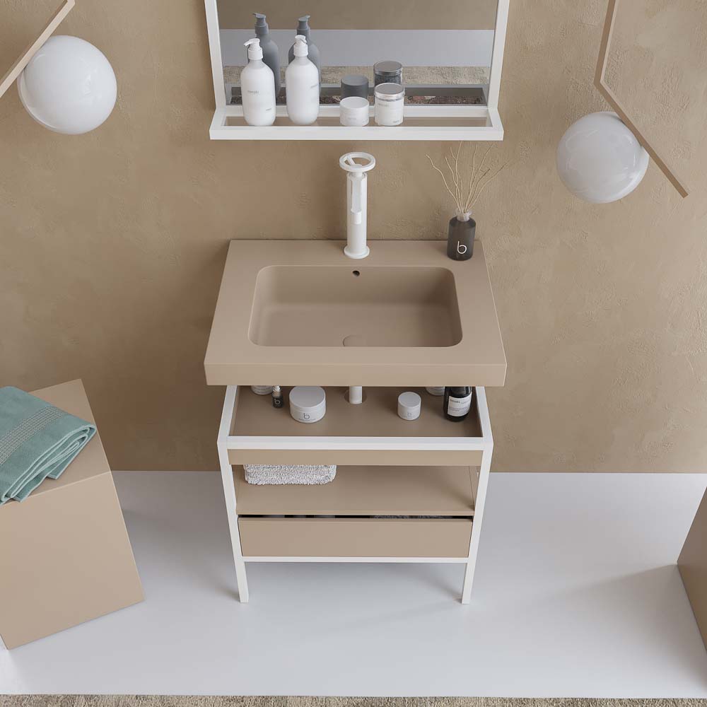 Mueble de baño INDEX estructura con patas 1 cajón lavabo suspendido MOKA-BLANCO