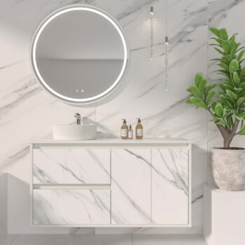 Mueble de baño suspendido 2 cajones/ 2 puertas UNICO con lavabo OSIRIS Solid Surface efecto marmól CALACATTA