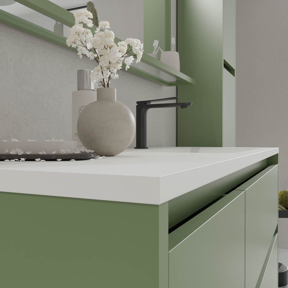 Mueble de baño suspendido 2 cajones / 1 puerta CLAIRE con lavabo Solid Surface VERDE RESEDA