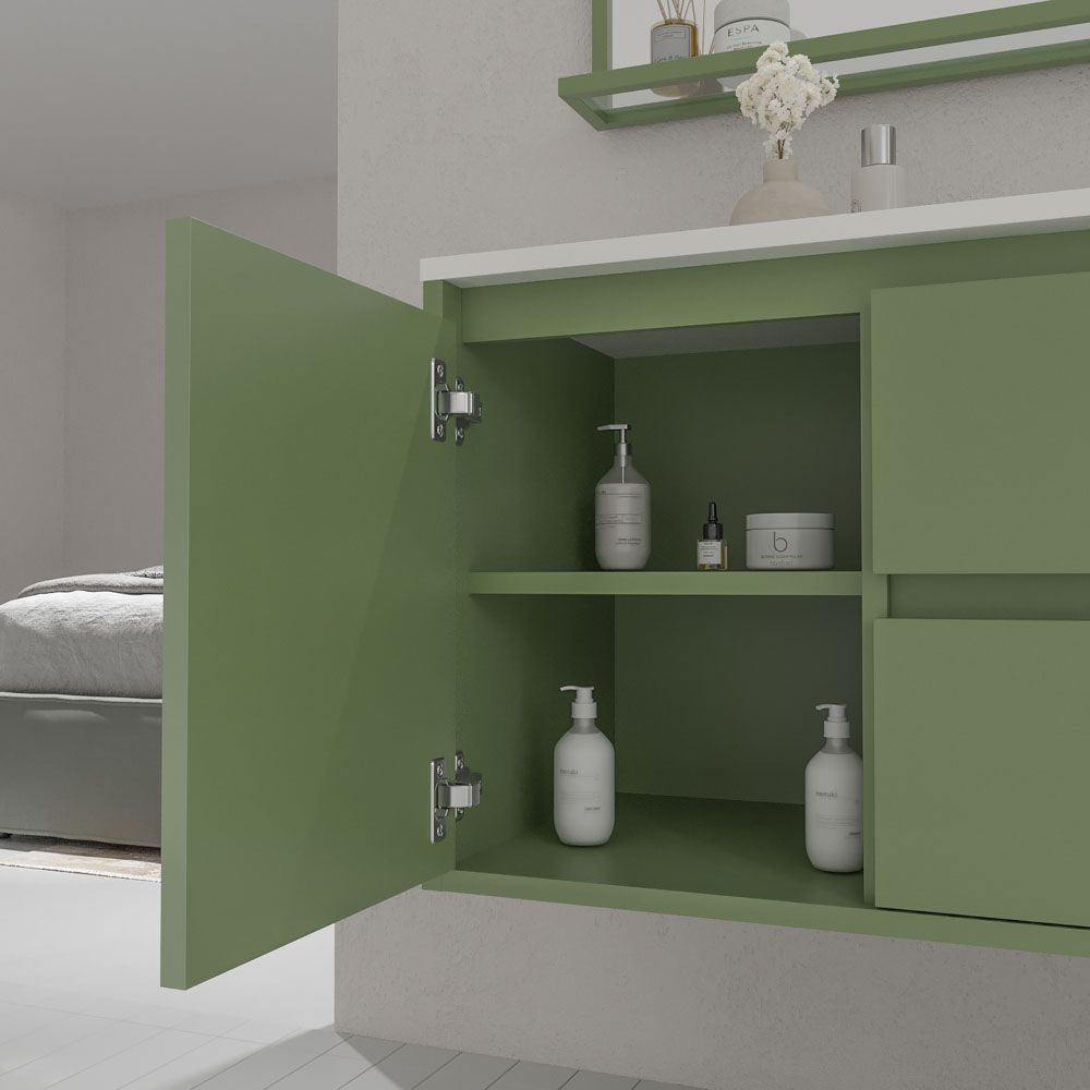 Mueble de baño suspendido 2 cajones / 1 puerta CLAIRE con lavabo Solid Surface VERDE RESEDA