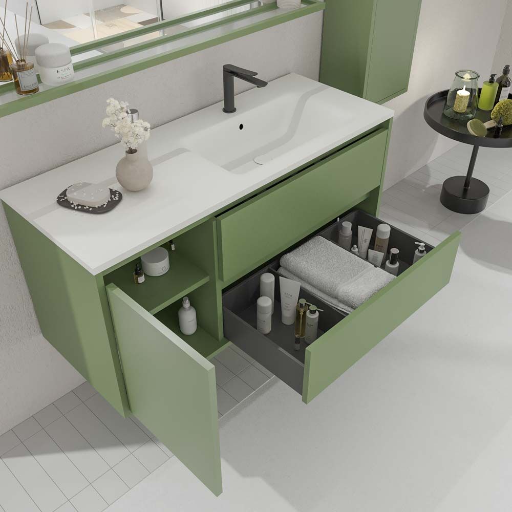 Mueble de baño suspendido 2 cajones / 1 puerta CLAIRE con lavabo Solid Surface VERDE RESEDA