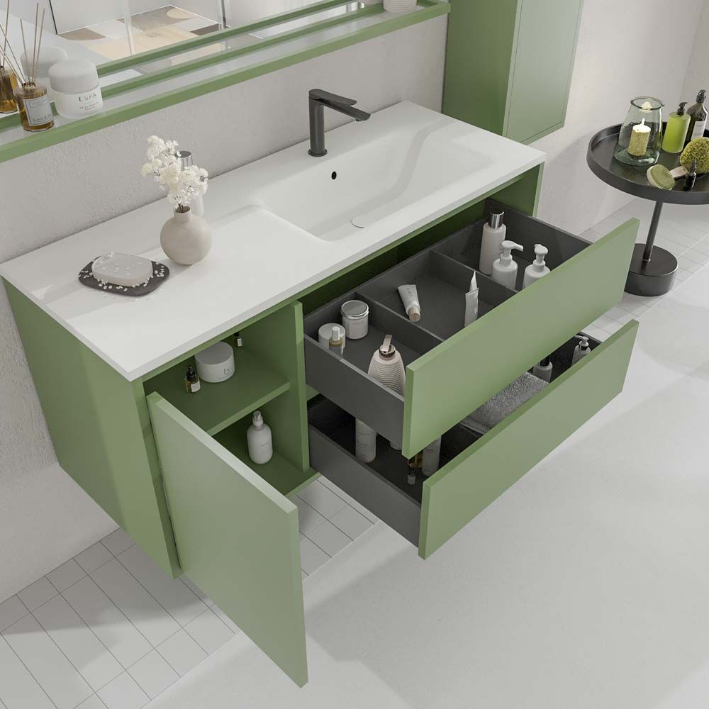 Mueble de baño suspendido 2 cajones / 1 puerta CLAIRE con lavabo Solid Surface VERDE RESEDA