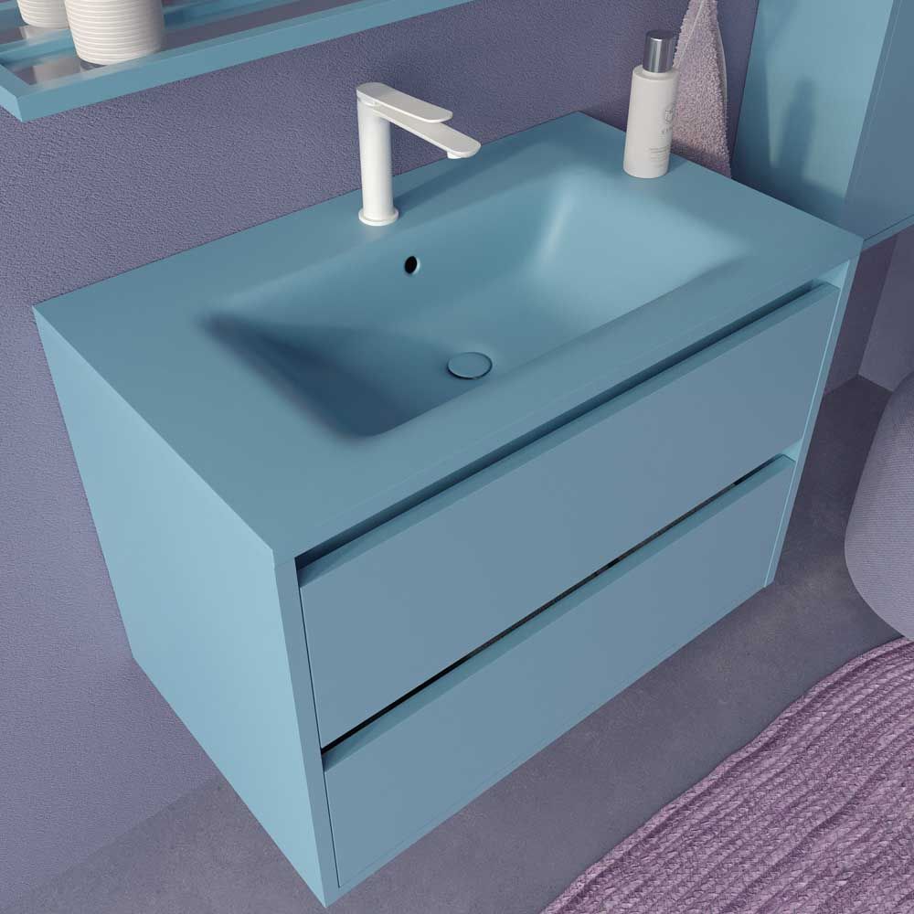 Mueble de baño suspendido 2 cajones CLAIRE con lavabo Solid Surface AZUL PASTEL