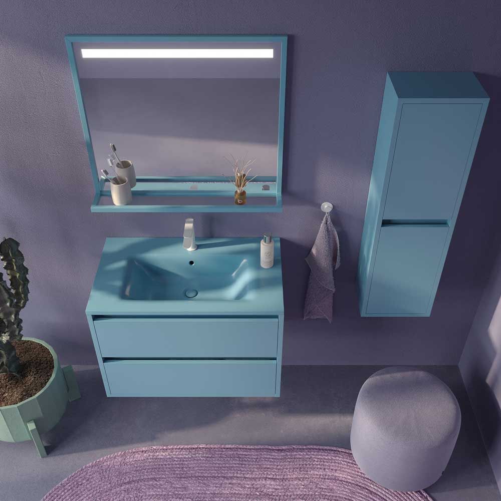Mueble de baño suspendido 2 cajones CLAIRE con lavabo Solid Surface AZUL PASTEL
