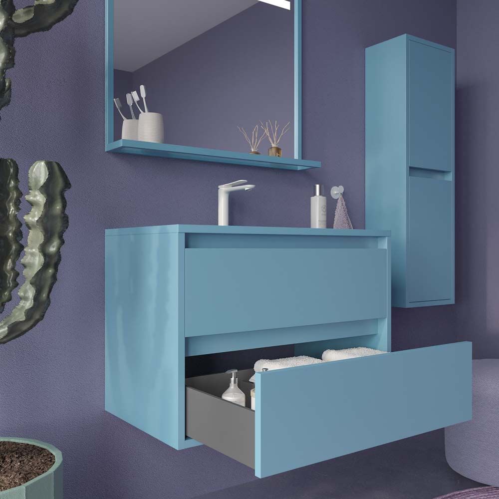 Mueble de baño suspendido 2 cajones CLAIRE con lavabo Solid Surface AZUL PASTEL