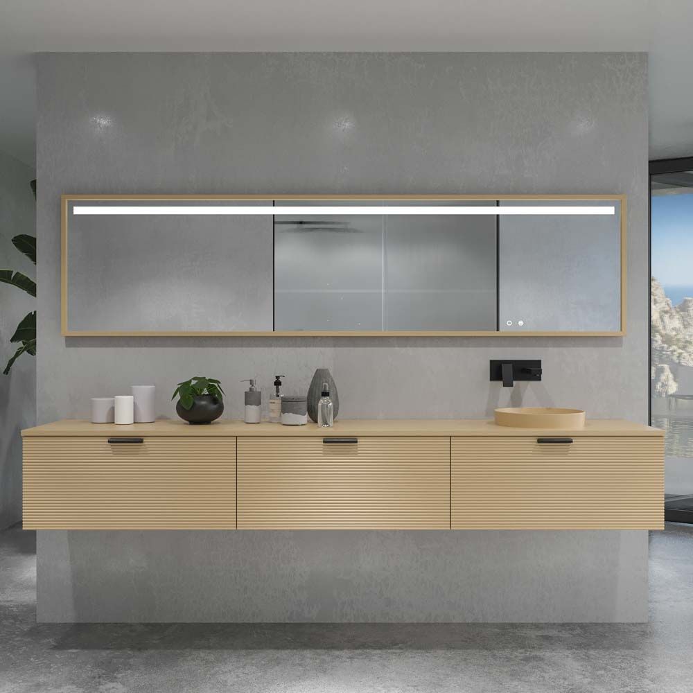 Mueble de baño HOLE suspendido 3 cajones acabado CREMA con encimera SOLID SURFACE lavabo semiencastrado Osiris