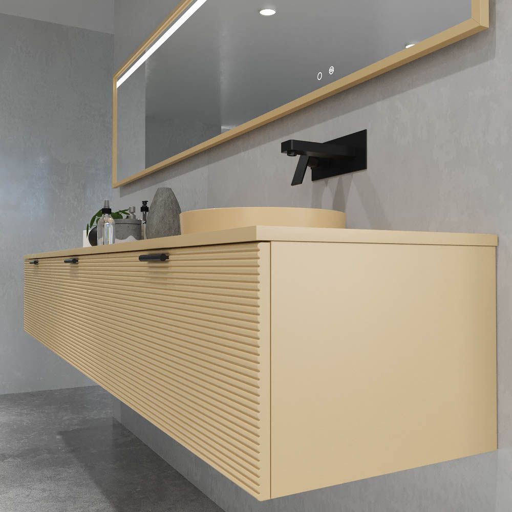 Mueble de baño HOLE suspendido 3 cajones acabado CREMA con encimera SOLID SURFACE lavabo semiencastrado Osiris