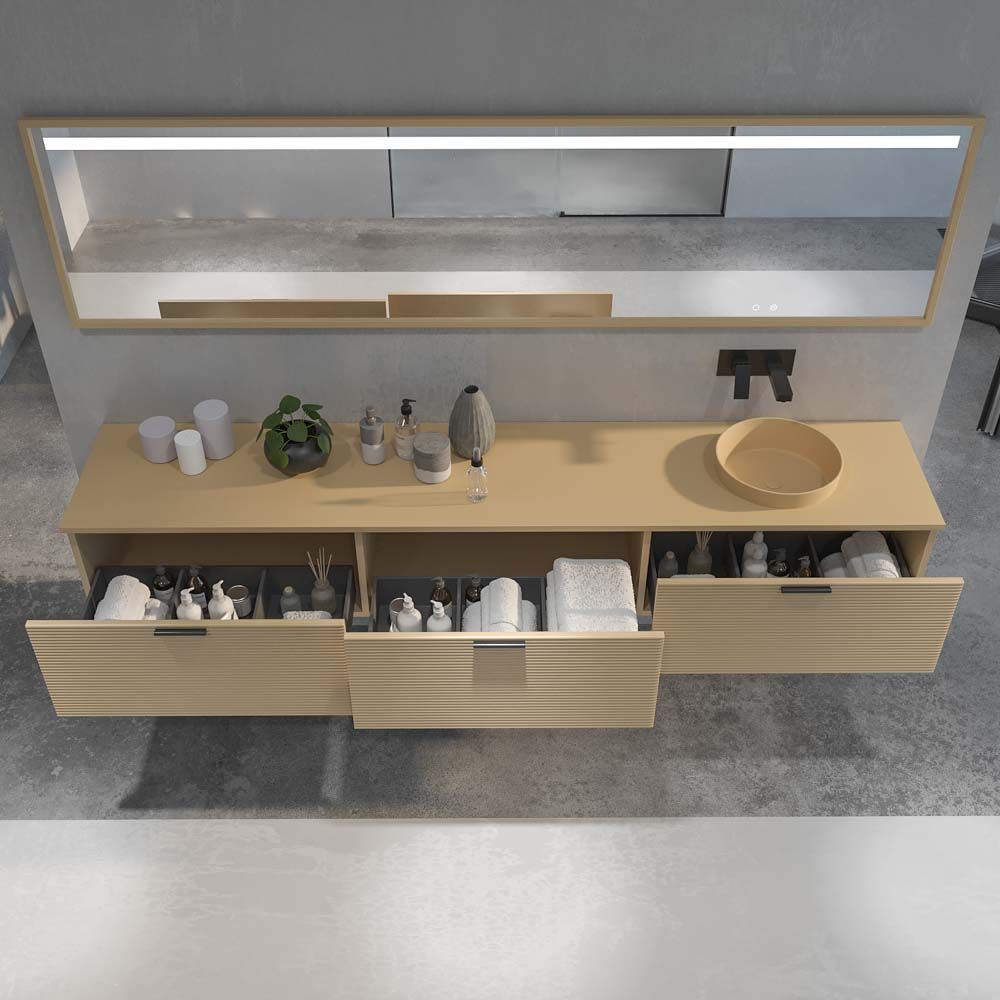Mueble de baño HOLE suspendido 3 cajones acabado CREMA con encimera SOLID SURFACE lavabo semiencastrado Osiris