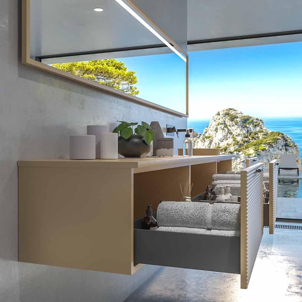 Mueble de baño ELLA con patas 6 cajones con tocador ROBLE CLARO con tapa SOLID SURFACE lavabo OSIRIS