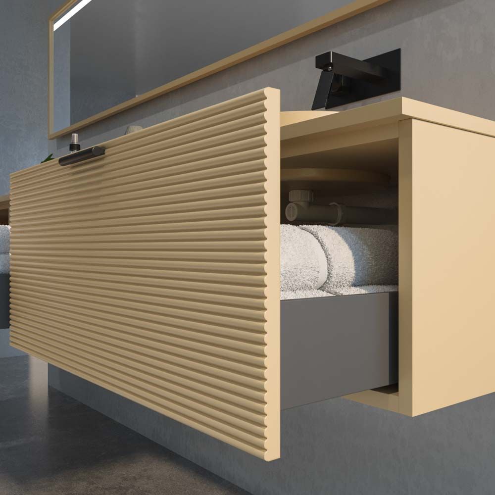 Mueble de baño ELLA con patas 6 cajones con tocador ROBLE CLARO con tapa SOLID SURFACE lavabo OSIRIS