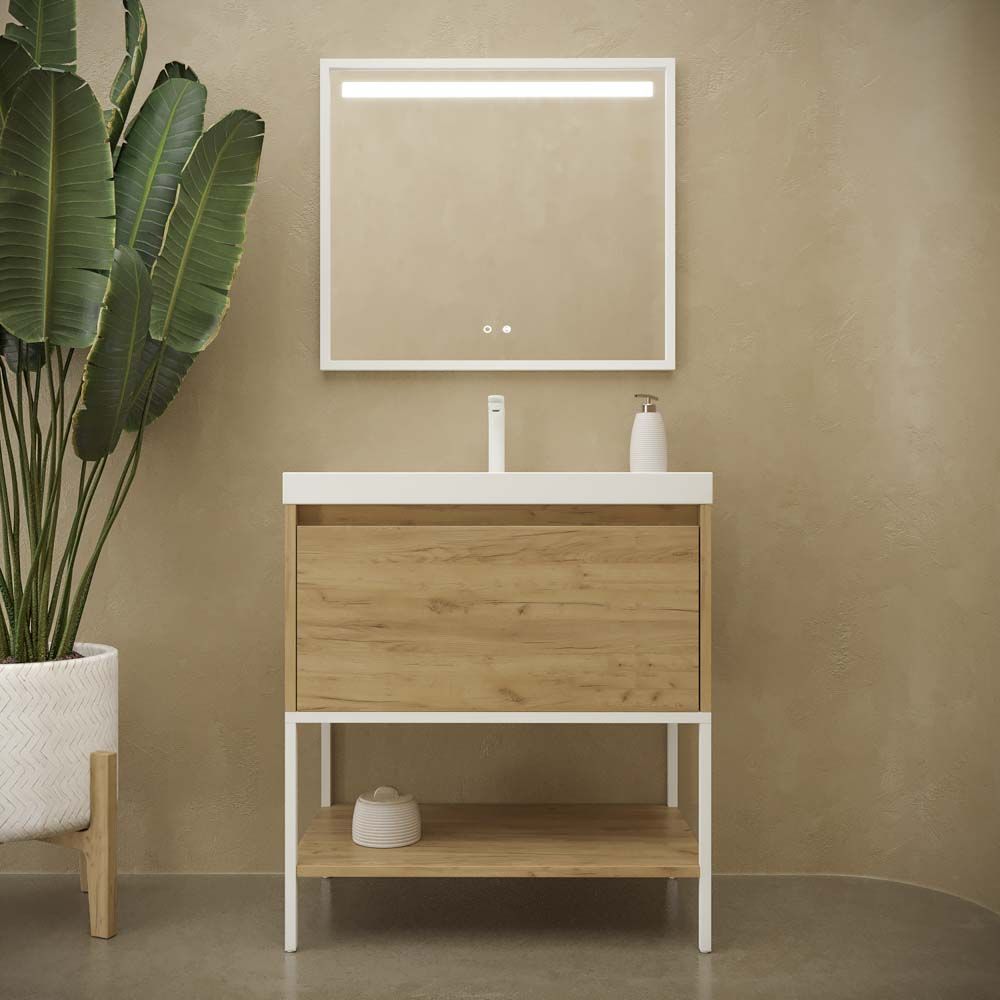 Mueble de baño con patas 2 cajones SMILE con lavabo Solid Surface ROJO BEIGE