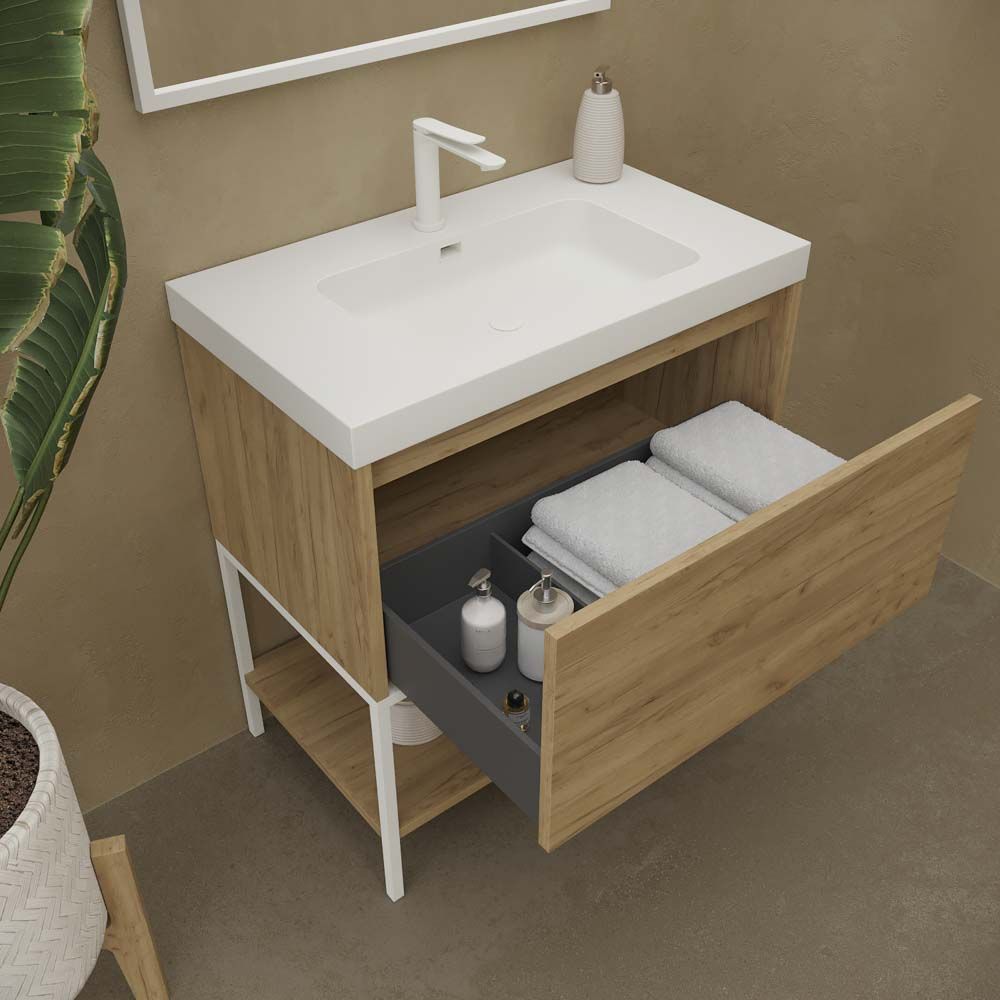 Mueble de baño con patas 2 cajones SMILE con lavabo Solid Surface ROJO BEIGE
