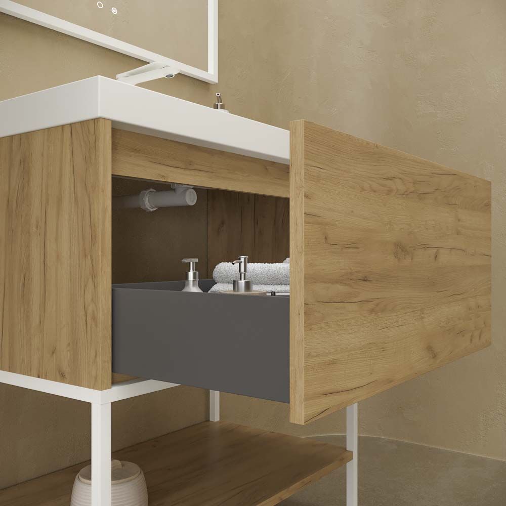 Mueble de baño con patas 2 cajones SMILE con lavabo Solid Surface ROJO BEIGE