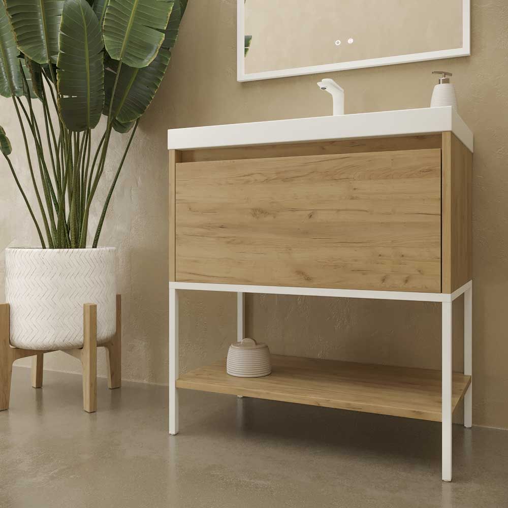 Mueble de baño con patas 2 cajones SMILE con lavabo Solid Surface ROJO BEIGE