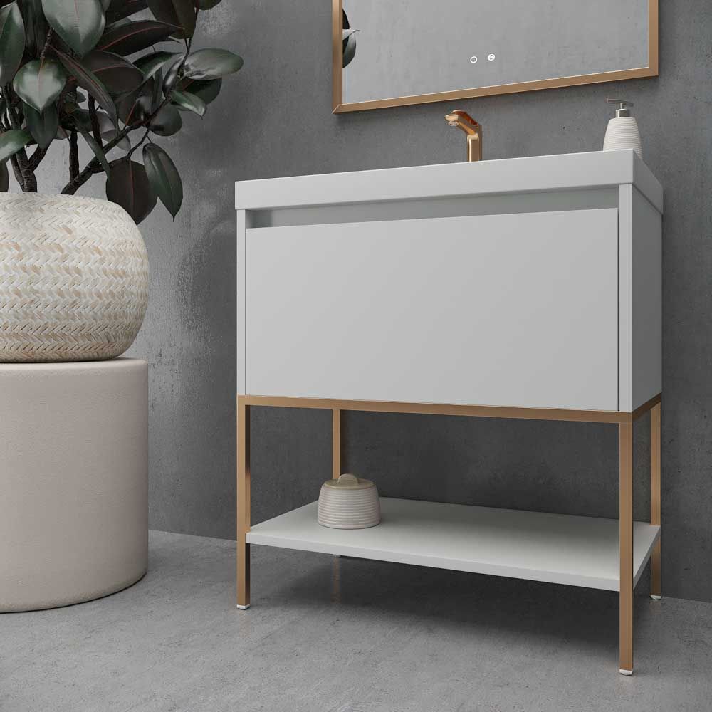 Mueble de baño con patas 2 cajones SMILE con lavabo Solid Surface BEIGE