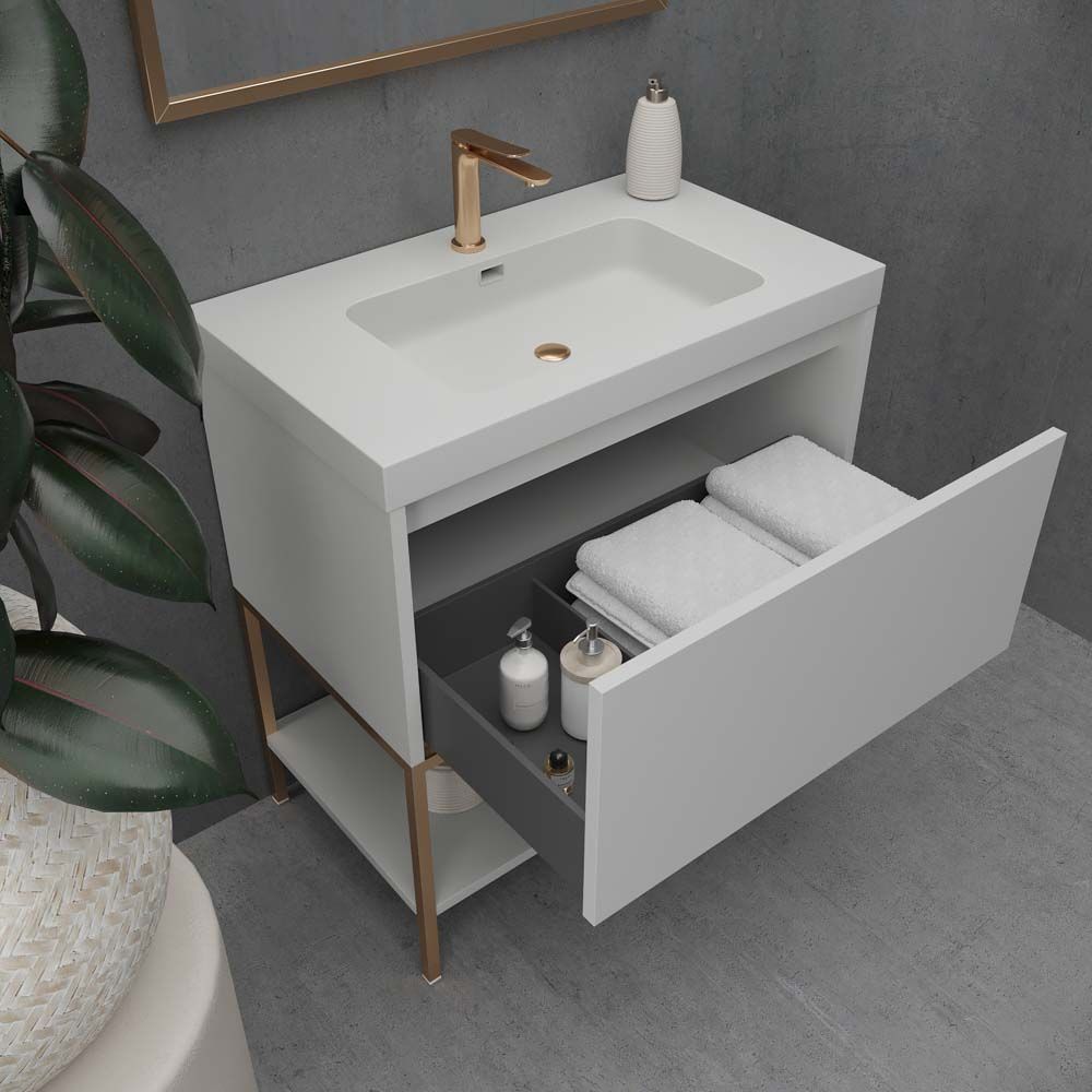 Mueble de baño con patas 2 cajones SMILE con lavabo Solid Surface AZUL TURQUESA
