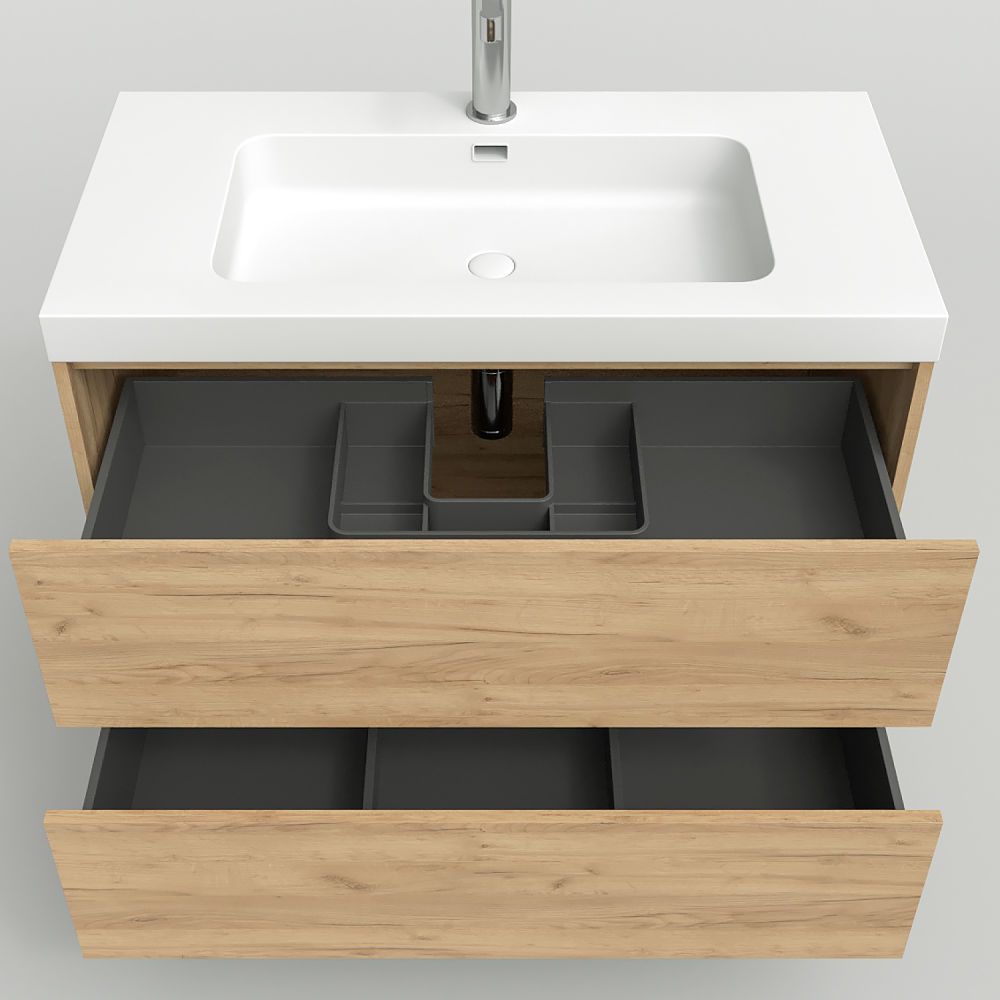 Mueble de baño suspendido 2 cajones CARMEN con lavabo resina acabado NEGRO