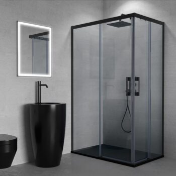 Mampara de ducha rectangular FLARE apertura angular 2 fijos-2 puertas correderas. Sin perfil inferior. Con tratamiento anti-cal. Acabado NEGRO MATE