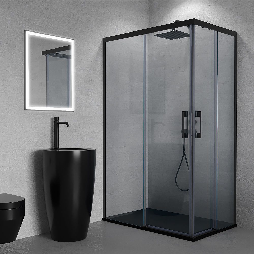 Mampara de ducha rectangular FLARE apertura angular 2 fijos-2 puertas correderas. Sin perfil inferior. Con tratamiento anti-cal. Acabado NEGRO MATE