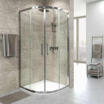 Mampara de ducha semicircular FRAME 2 fijos-2 puertas correderas cristal transparente. Con tratamiento anti-cal. Acabado CROMO BRILLO