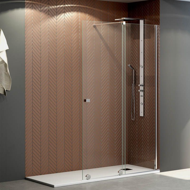 Mampara de ducha fijo + corredera JUNIOR walk-in . Acabado CROMO BRILLO