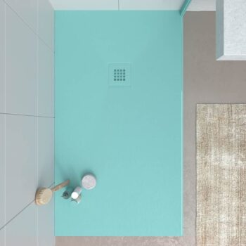Plato ducha resina CLOE Turquesa y otros colores exclusivos con textura pizarra antibacteriano y antideslizante. Rejilla termolacada